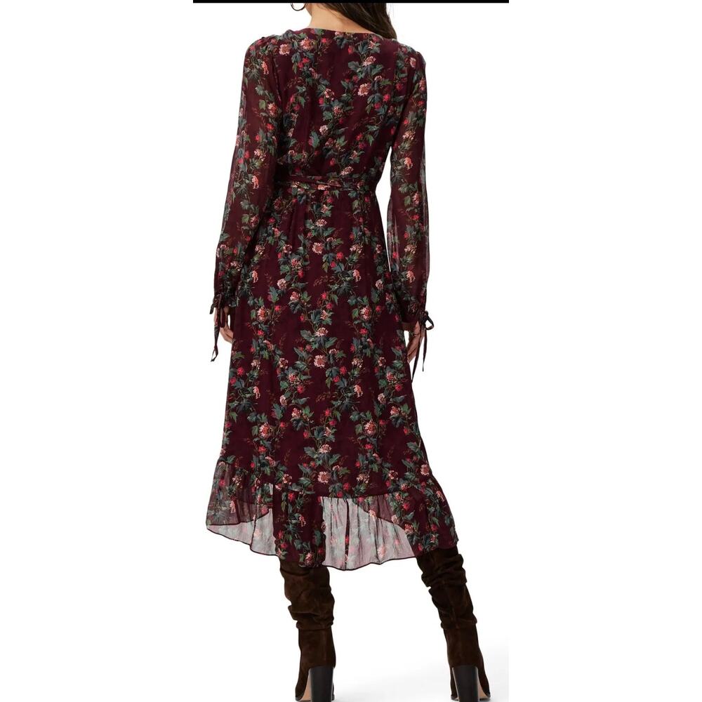 PAIGE Veranda Floral Print Silk long sleeve wrap Midi dress in Cherrywood. Sz S - Picture 4 of 8
